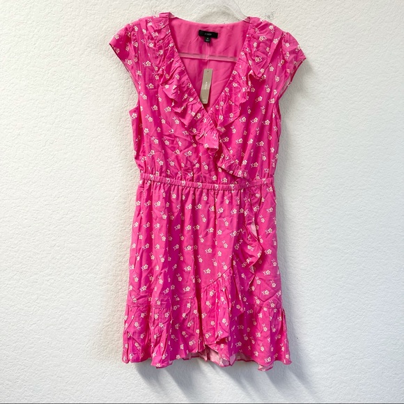 J. Crew V Neck Ruffle Floral Dress Fuchsia Pink Size 6 NWT - Picture 2 of 5